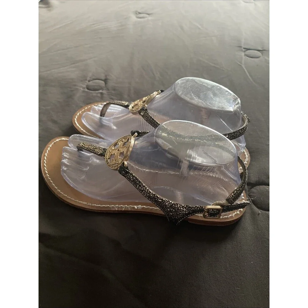 Tory Burch Sandal Women Size 8  T-Strap Thong Black /Gold Leather  Rhinestone